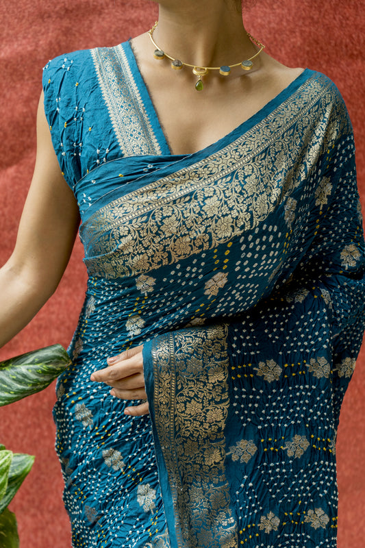 Chiniya Sona Rupa Booti Bandhej- Blue Saree