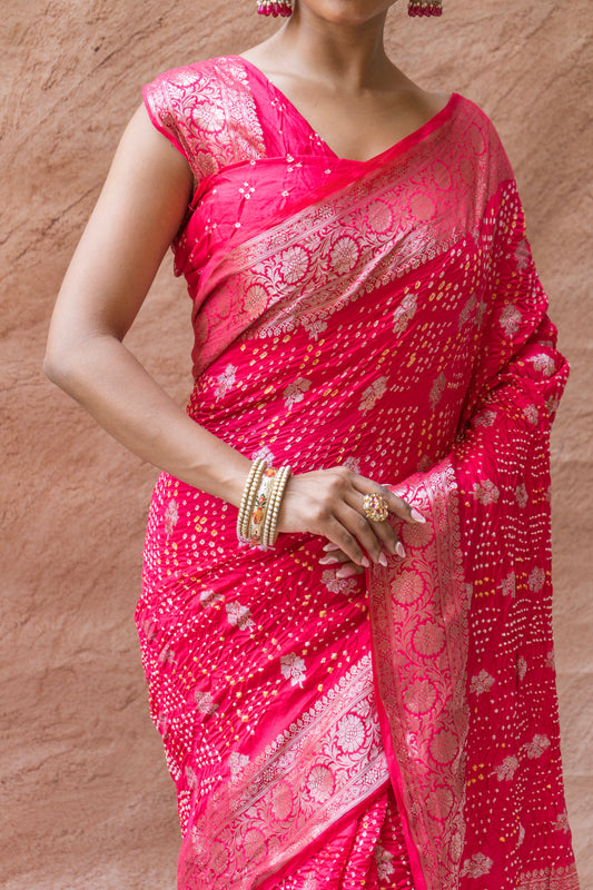 Chiniya Sona Rupa Booti Bandhej Pink Saree