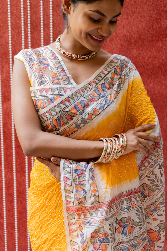 Moonga Madhubani Yellow Bandhej Saree