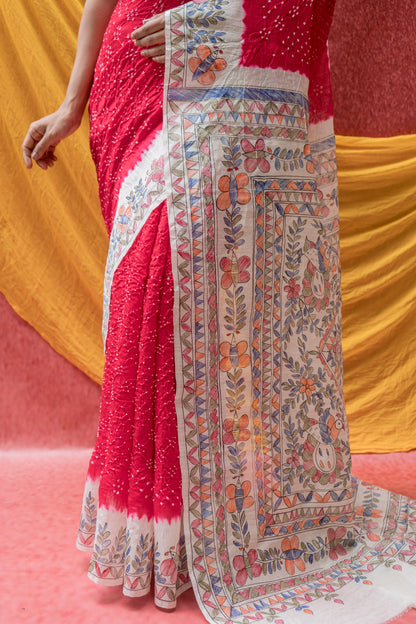 Moonga Madhubani Bandhej Red Saree
