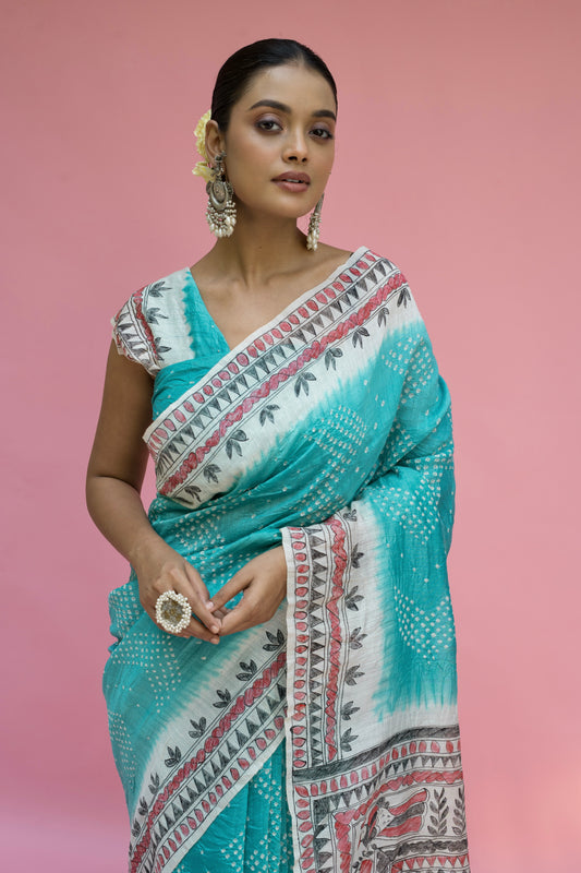 Moonga Madhubani Blue Bandhej Saree