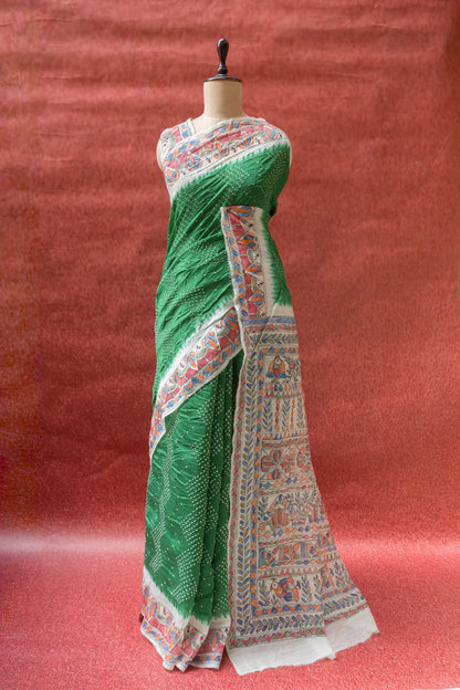 Moonga Madhubani Green Bandhej Saree
