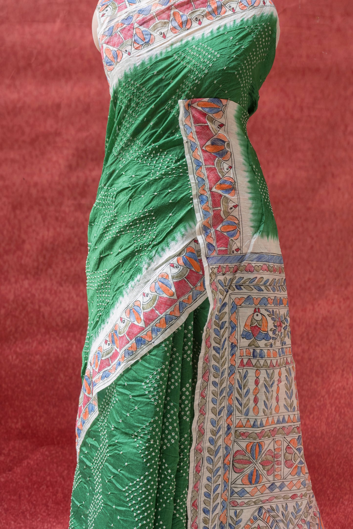 Moonga Madhubani Green Bandhej Saree
