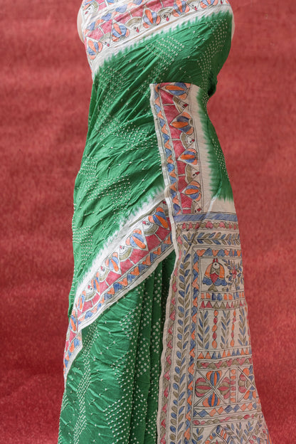 Moonga Madhubani Green Bandhej Saree