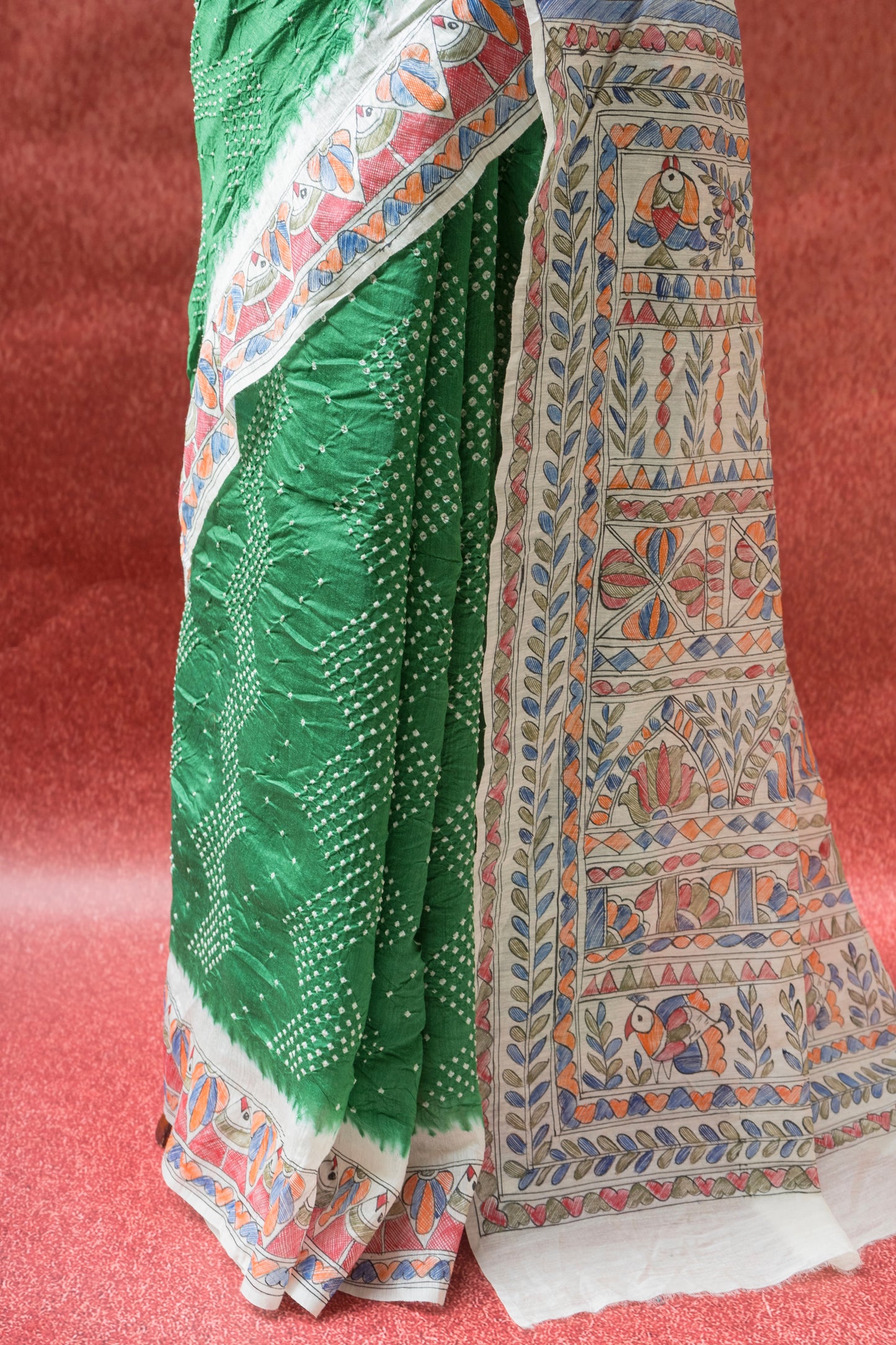 Moonga Madhubani Green Bandhej Saree