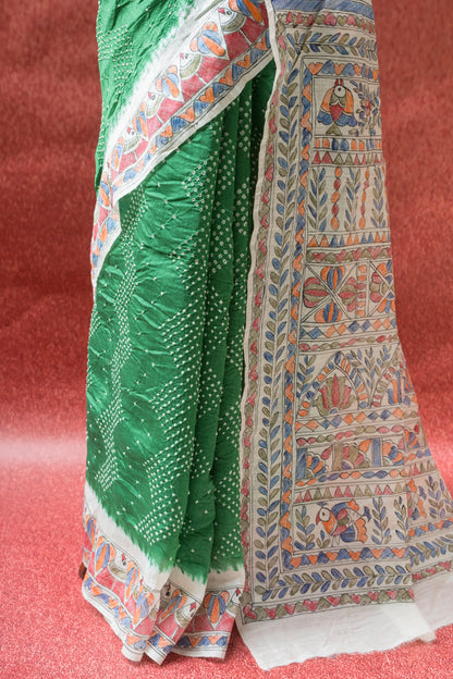 Moonga Madhubani Green Bandhej Saree