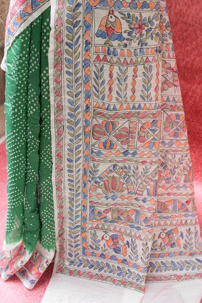 Moonga Madhubani Green Bandhej Saree