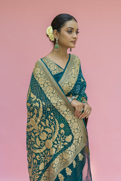 Georgette Ombre Green Boota Bandhej Saree
