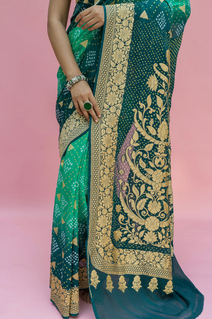 Georgette Ombre Green Boota Bandhej Saree