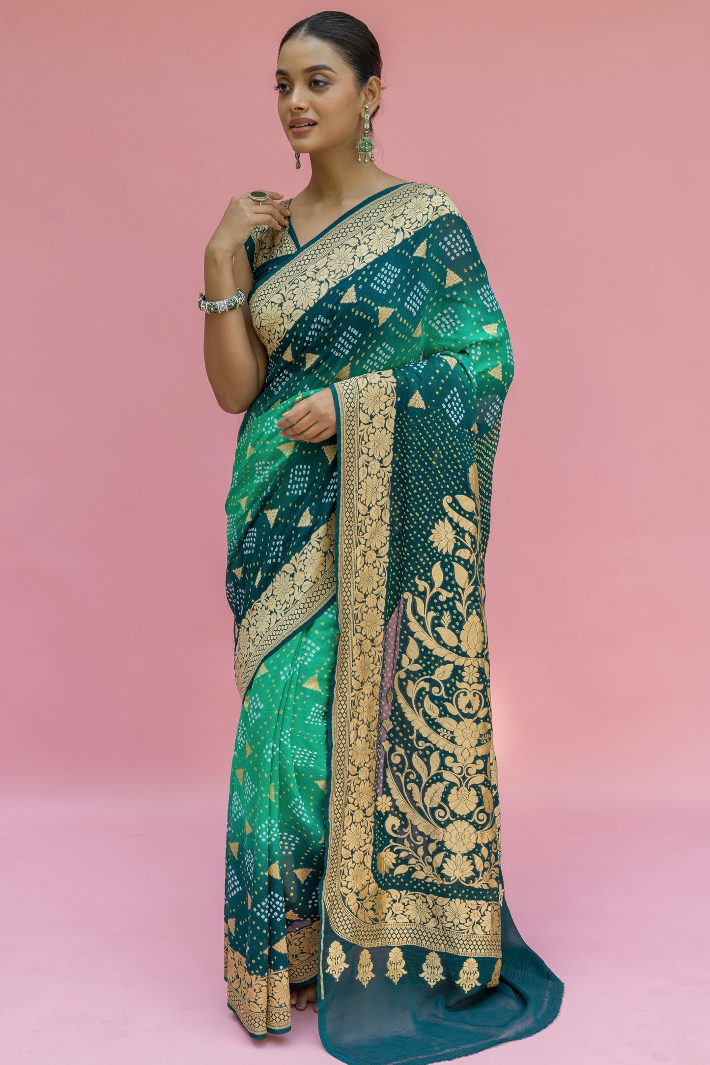 Georgette Ombre Green Boota Bandhej Saree