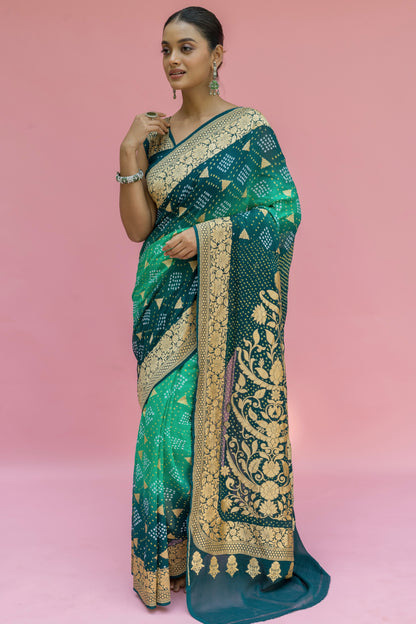Georgette Ombre Green Boota Bandhej Saree