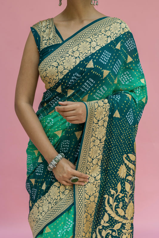 Georgette Ombre Green Boota Bandhej Saree
