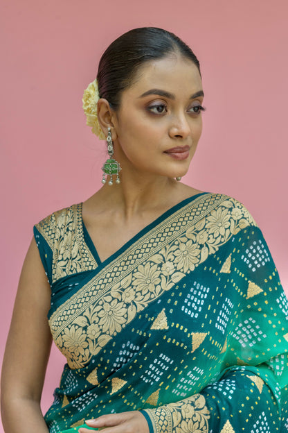 Georgette Ombre Green Boota Bandhej Saree