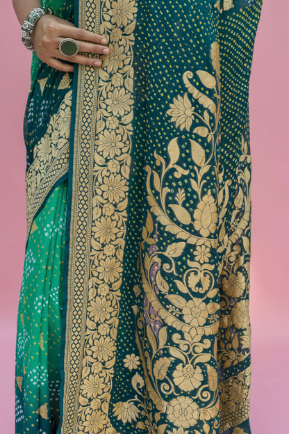 Georgette Ombre Green Boota Bandhej Saree