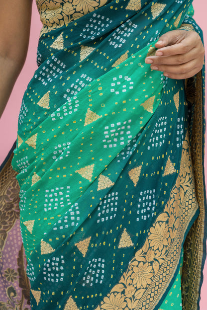 Georgette Ombre Green Boota Bandhej Saree
