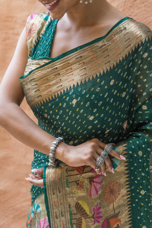 Kota Doria Meenakari Bandhej Bottle Green Saree