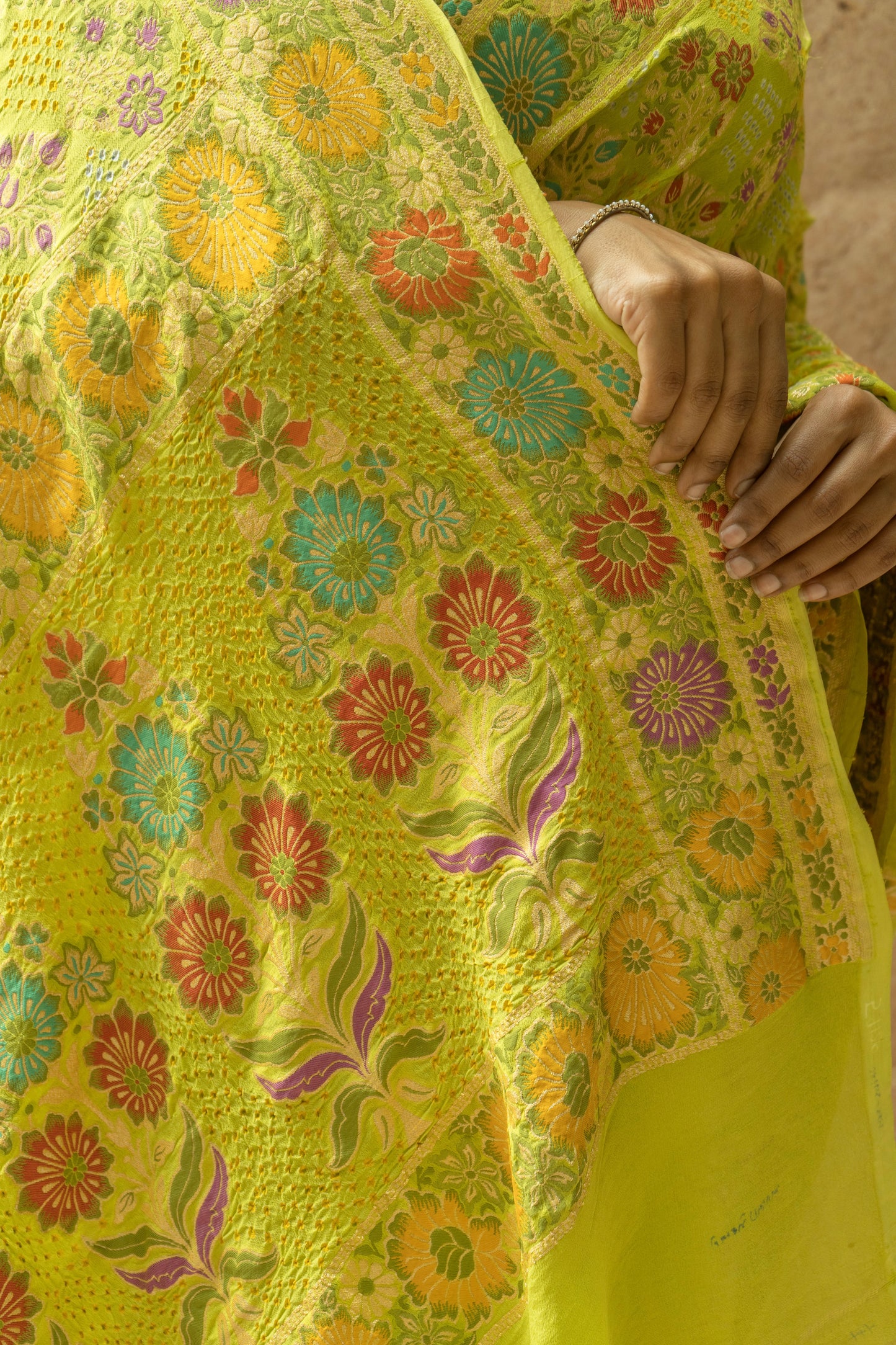 Georgette Floral Meenakari Bandhej Lime Green Saree