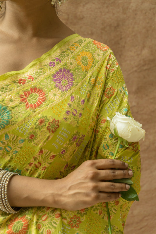 Georgette Floral Meenakari Bandhej Lime Green Saree