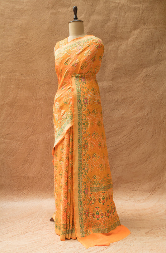 Georgette Meenakari Boota Orange Bandhej Saree