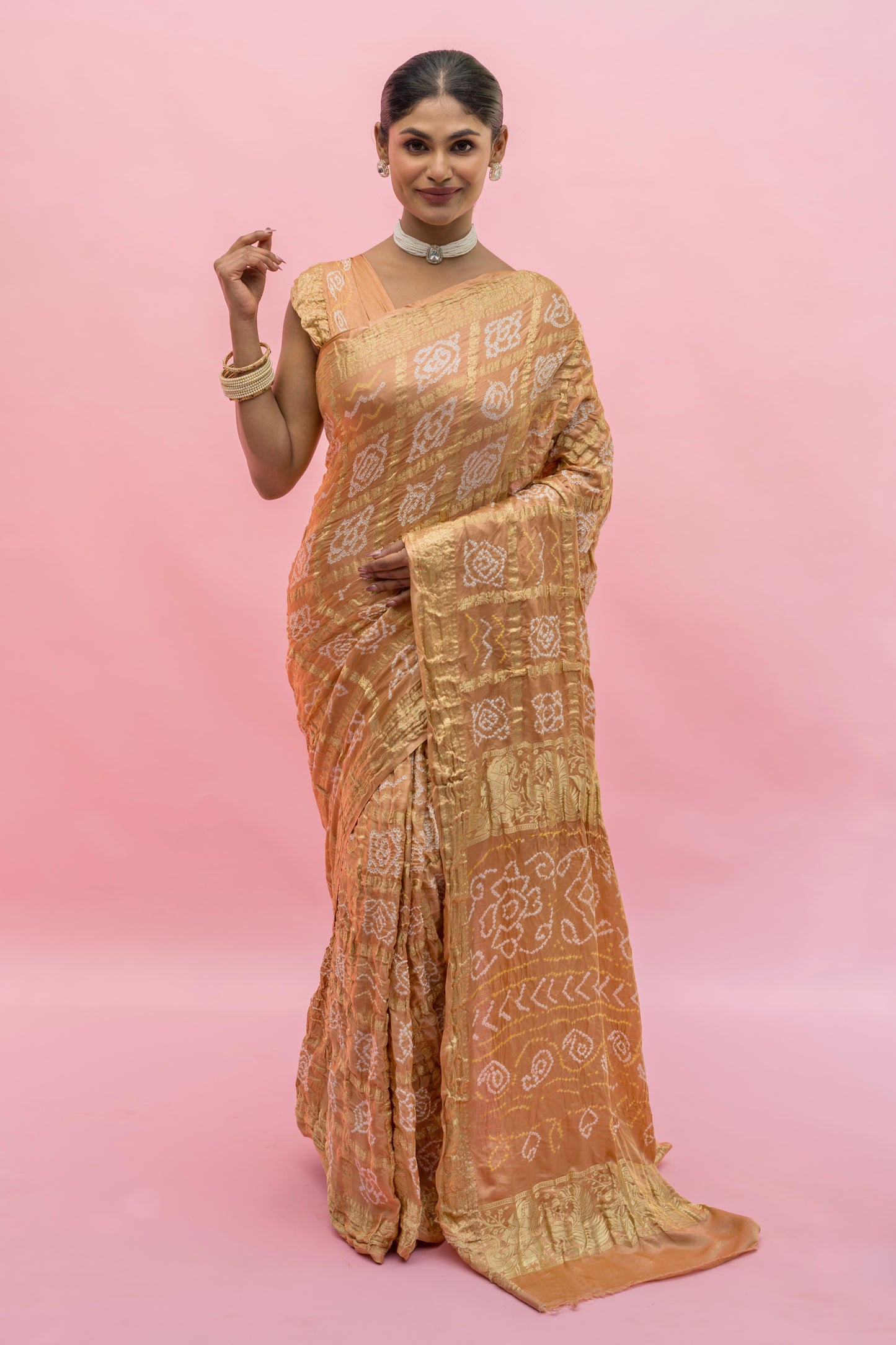 Gajji Naqshi Gharchola Biscuit Bandhej Saree