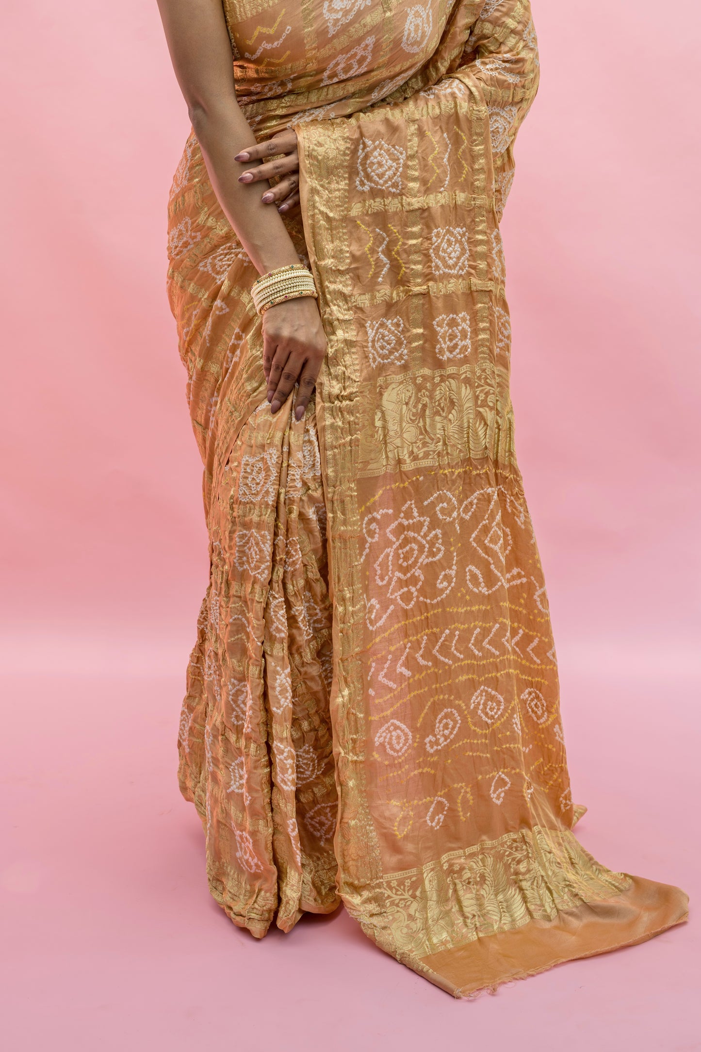 Gajji Naqshi Gharchola Biscuit Bandhej Saree
