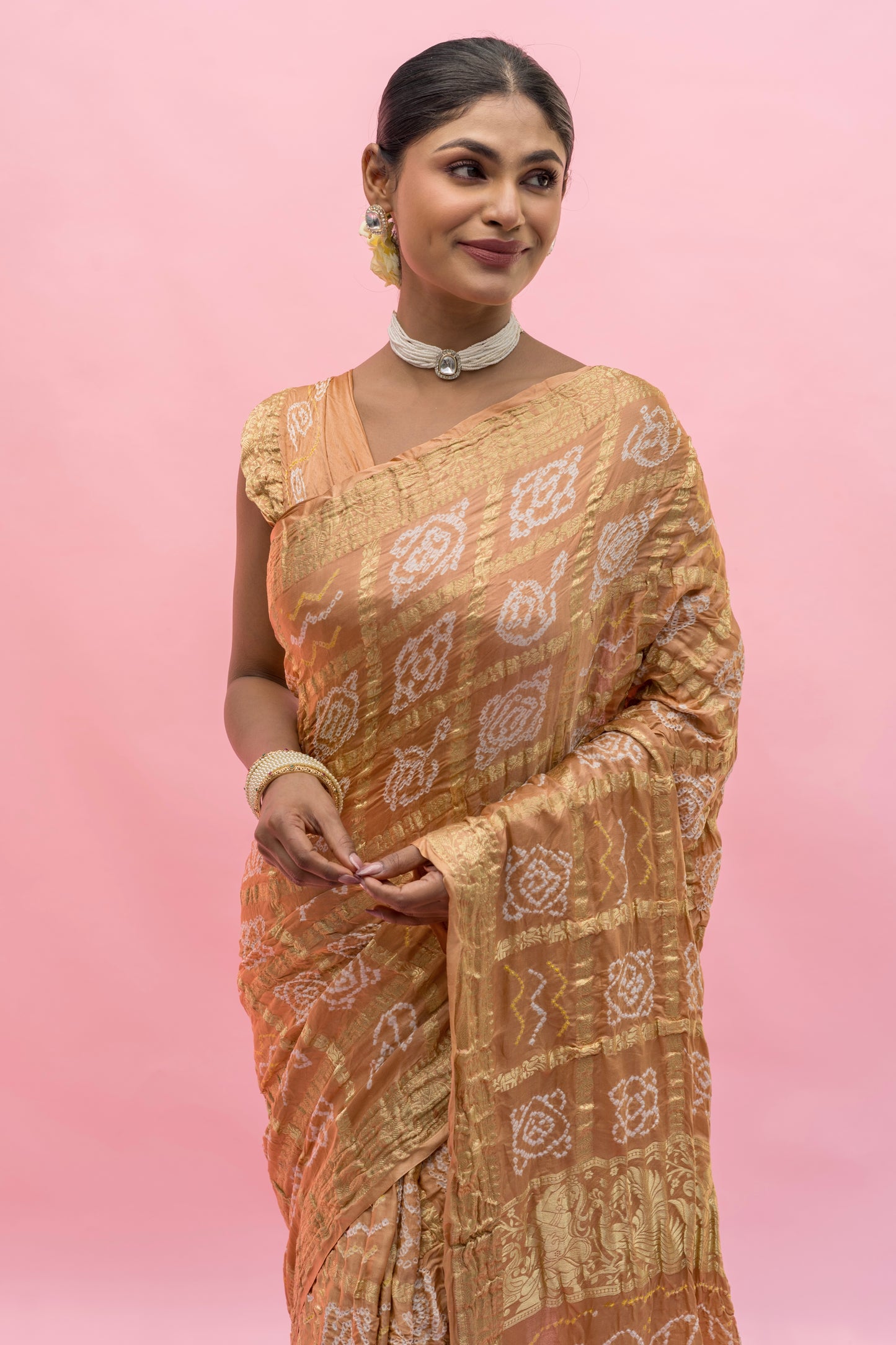 Gajji Naqshi Gharchola Biscuit Bandhej Saree