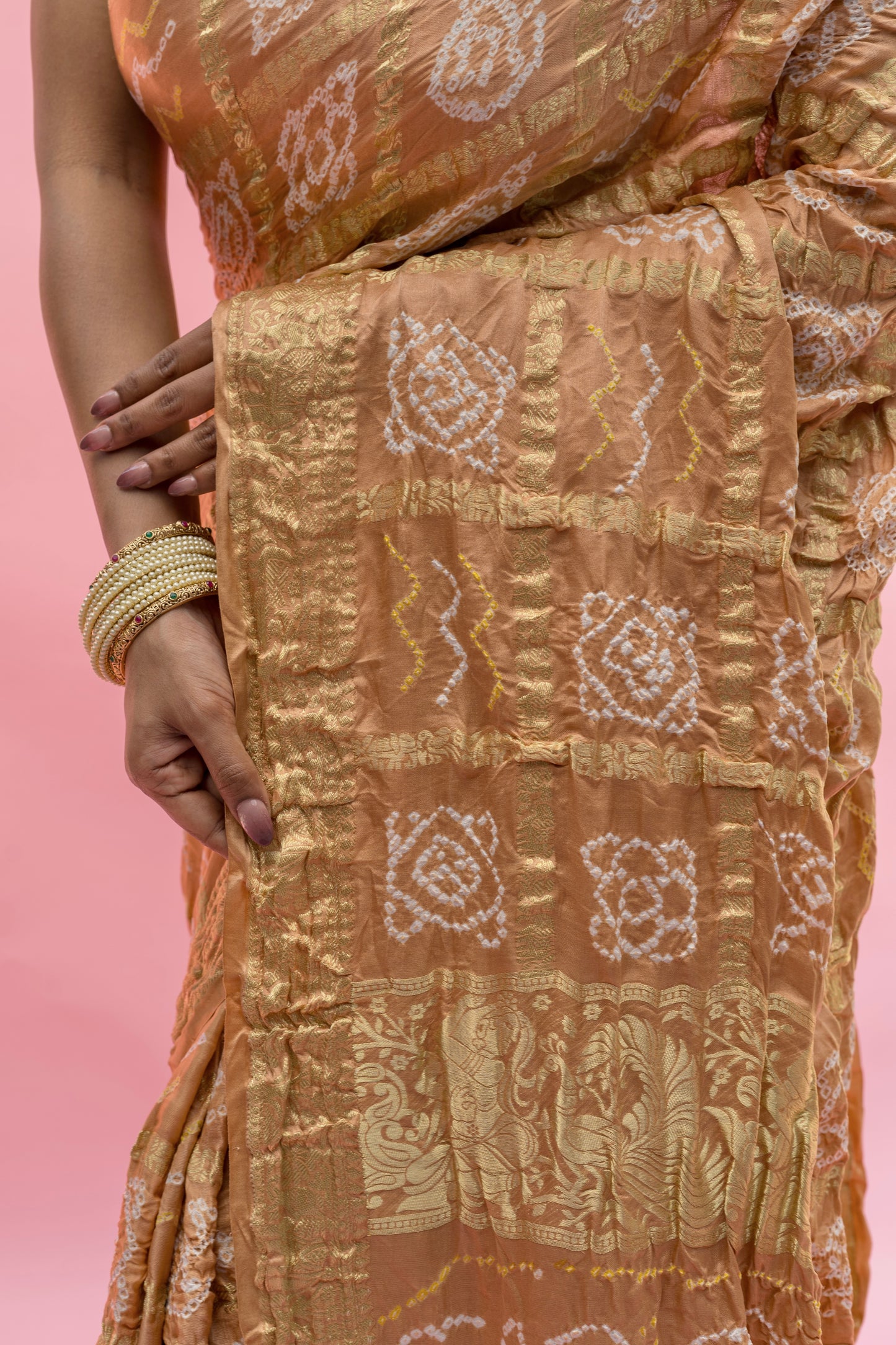Gajji Naqshi Gharchola Biscuit Bandhej Saree