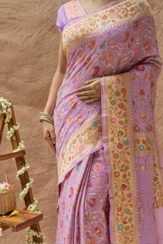 Georgette Floral Meenakari Rai Dana Lilac Saree