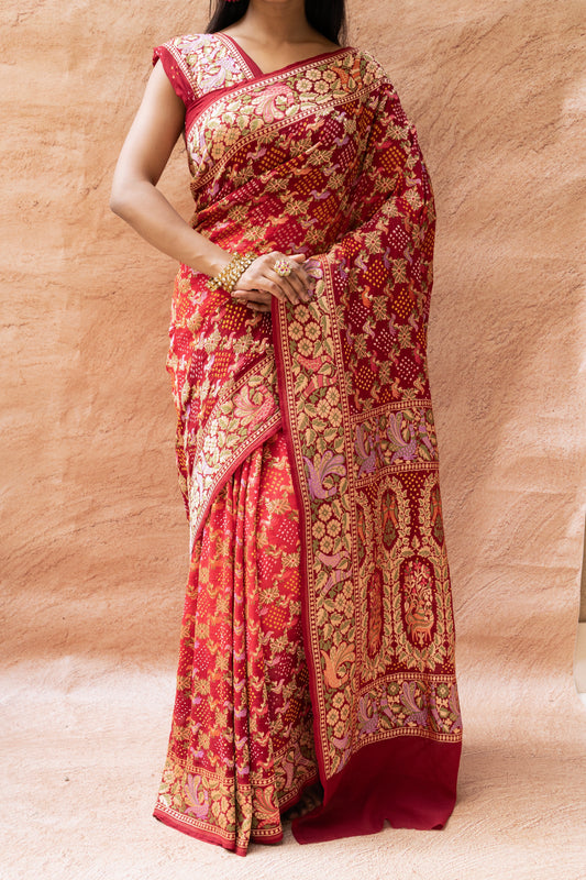 Georgette Bird Weaving Meenakari Red-Maroon Bandhej Saree