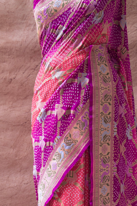 Georgette Animal Weaving Meenakari Pink Purple Bandhej Saree