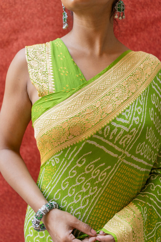 Georgette Rai Dana Green Bandhej Saree