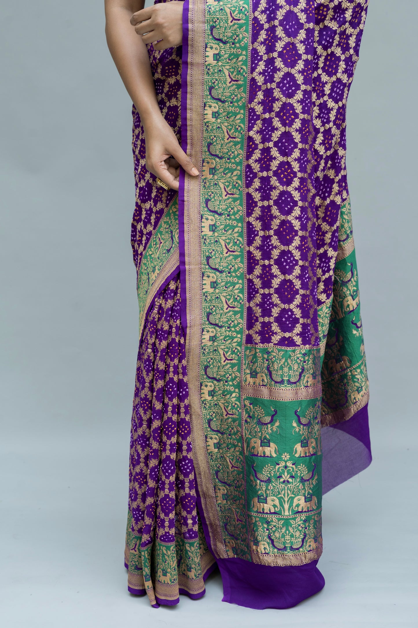 Georgette Weaving Jaal Purple Bandhej Saree