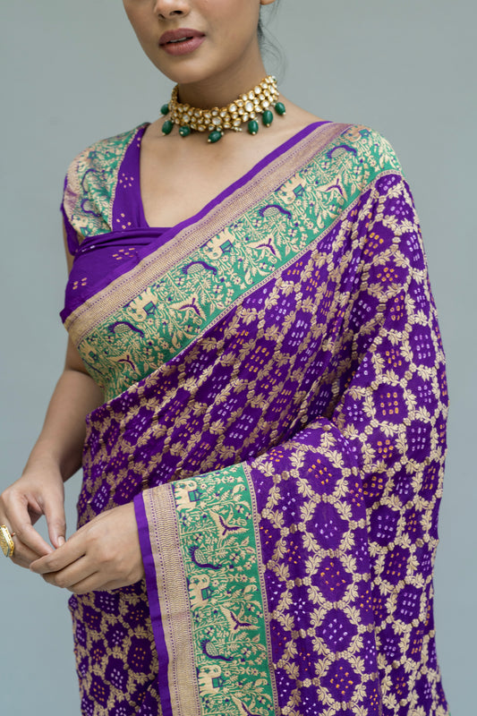Georgette Weaving Jaal Purple Bandhej Saree