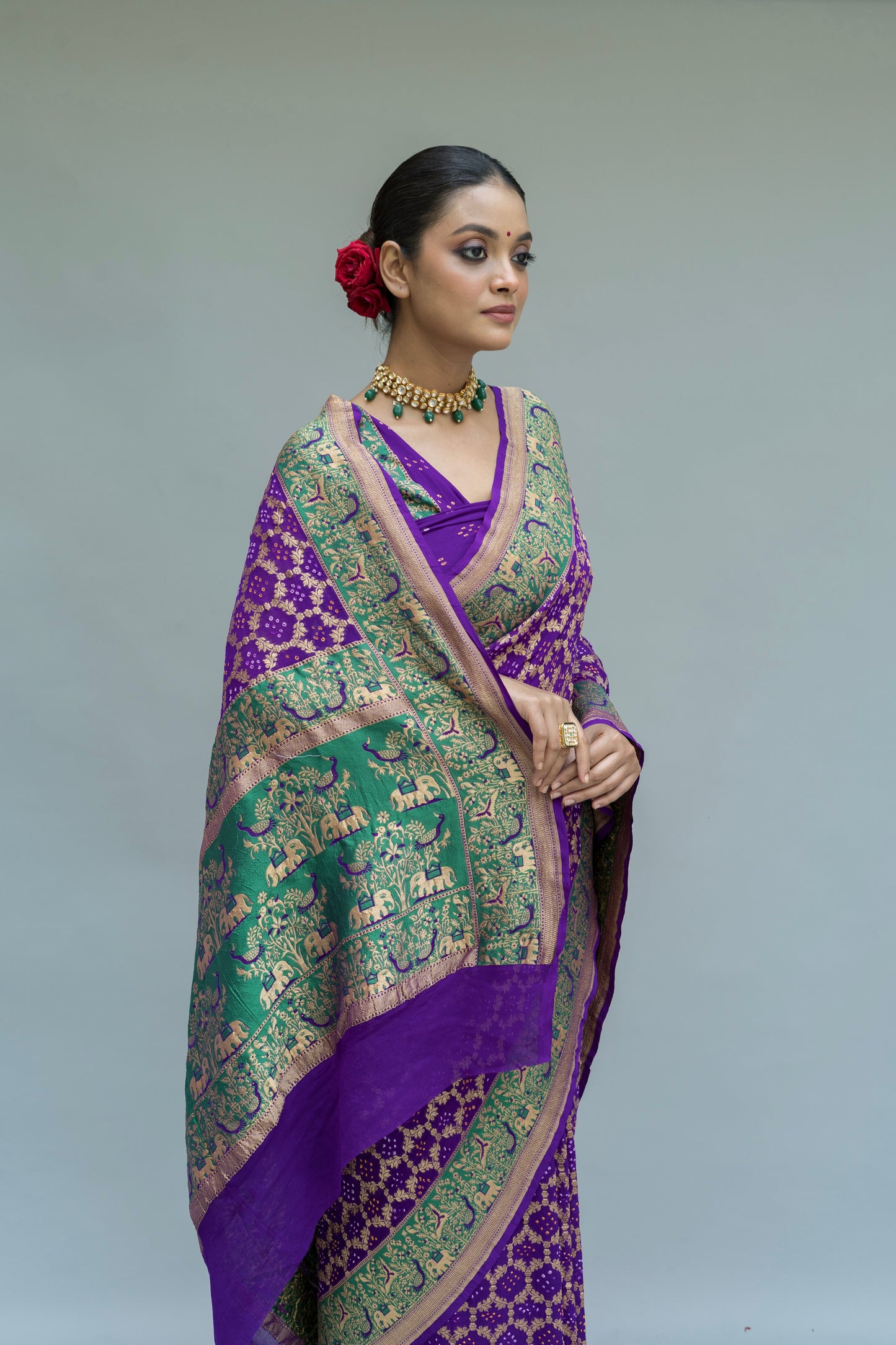 Georgette Weaving Jaal Purple Bandhej Saree