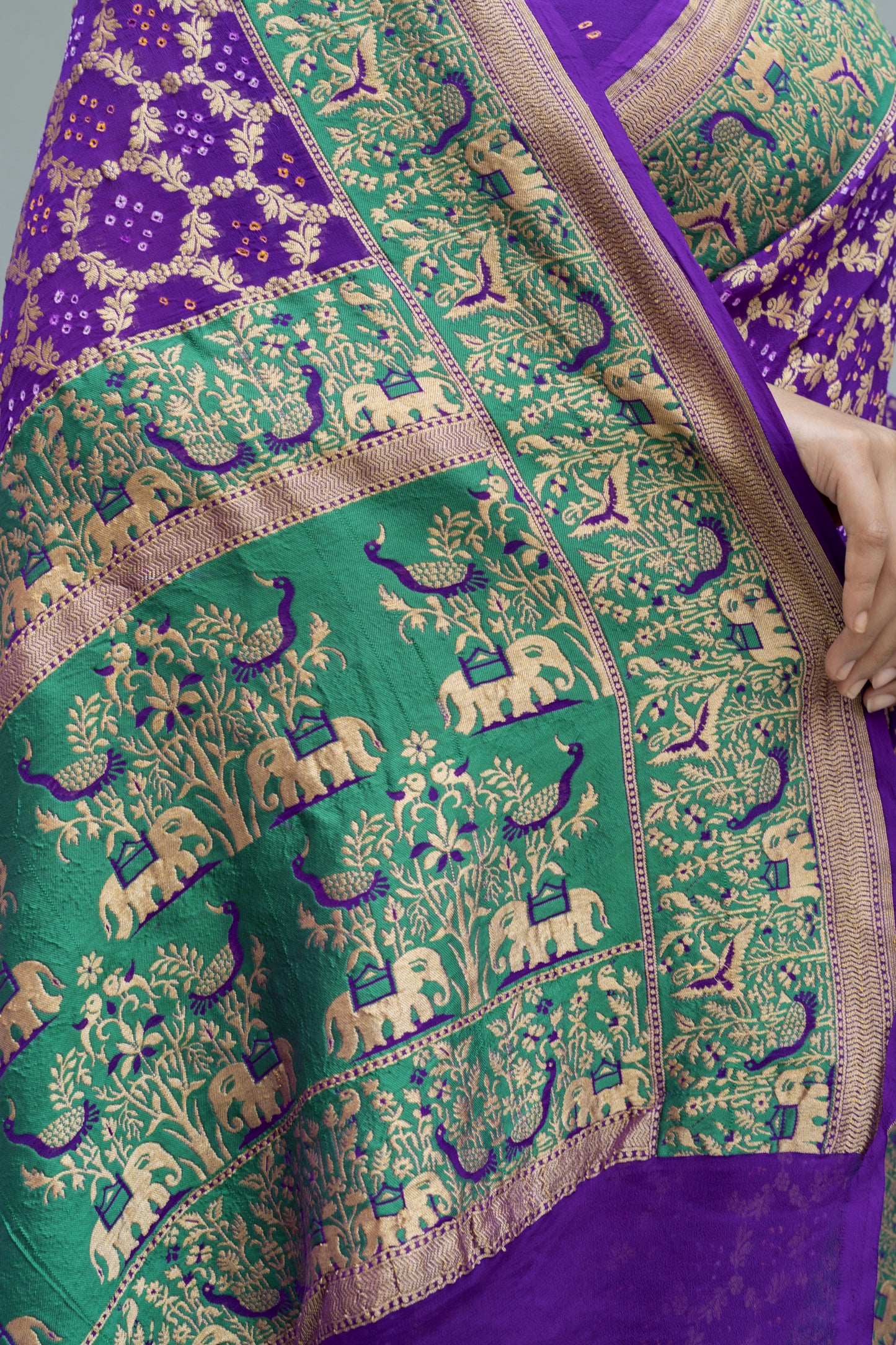 Georgette Weaving Jaal Purple Bandhej Saree
