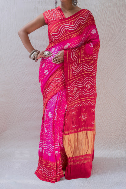 Gajji Rai Dana Ombre Pink-Red Bandhej Saree