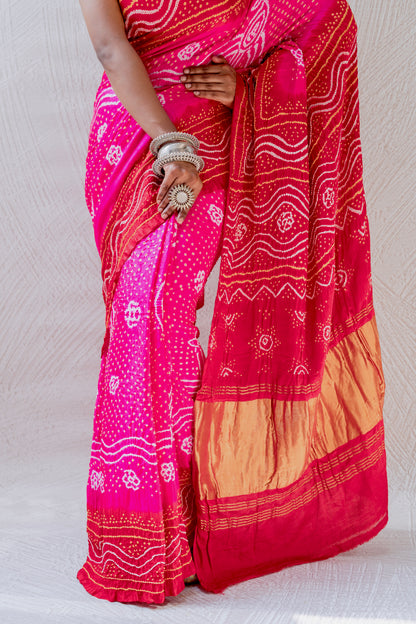 Gajji Rai Dana Ombre Pink-Red Bandhej Saree