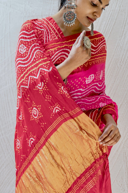 Gajji Rai Dana Ombre Pink-Red Bandhej Saree