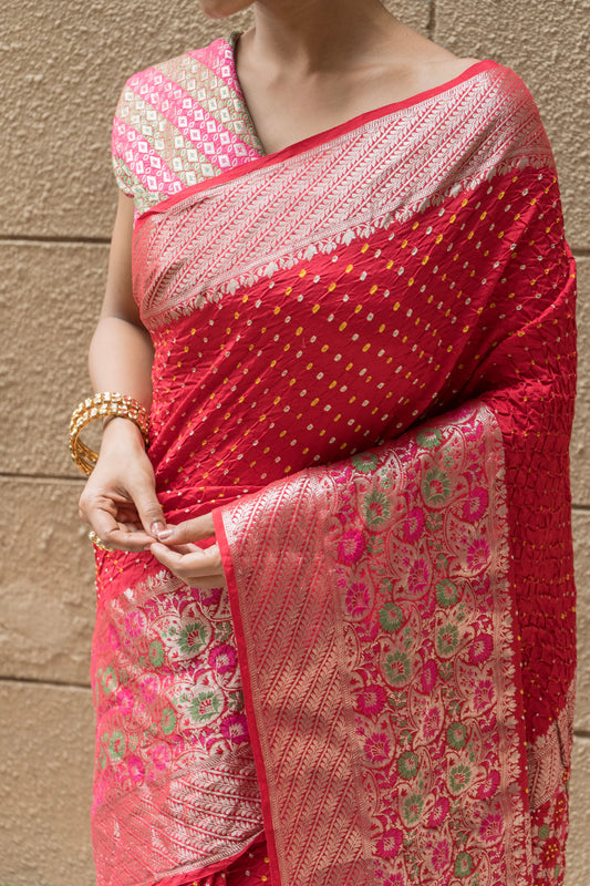 Kanchi Silk Skirt Border Meenakari Bandhej (Red) Saree