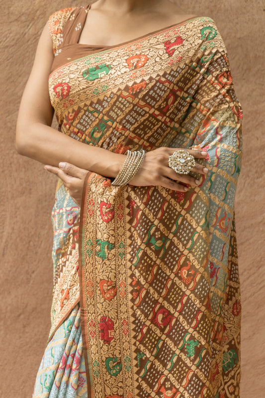 Georgette Figure Weaving Meenakari Bandhej Saree (Grey-Brown)
