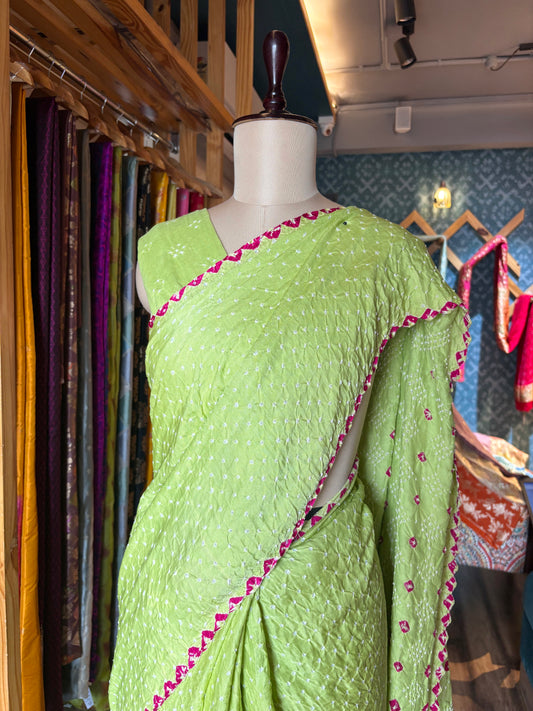Gajji Pink Rai Dana-Pista Green Saree