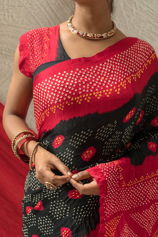 Gajji Red Black Bandhej Saree