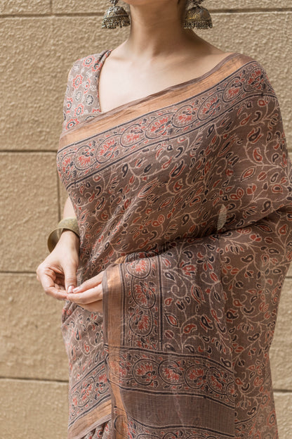 Kota Doria Ajrakh Print Brown Saree