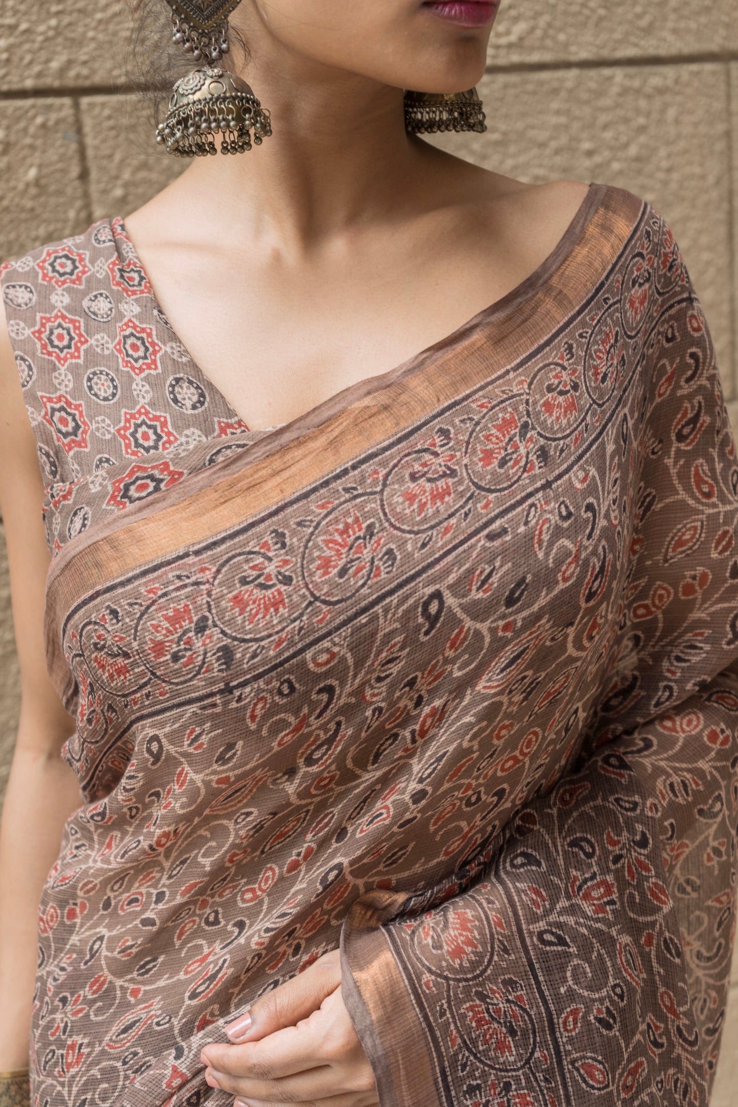 Kota Doria Ajrakh Print Brown Saree