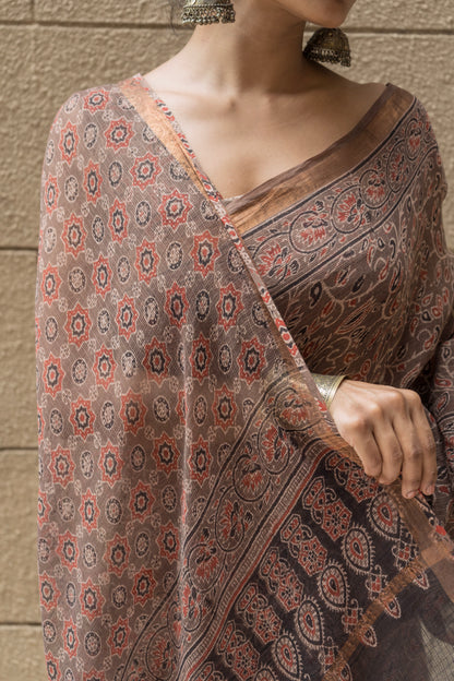 Kota Doria Ajrakh Print Brown Saree