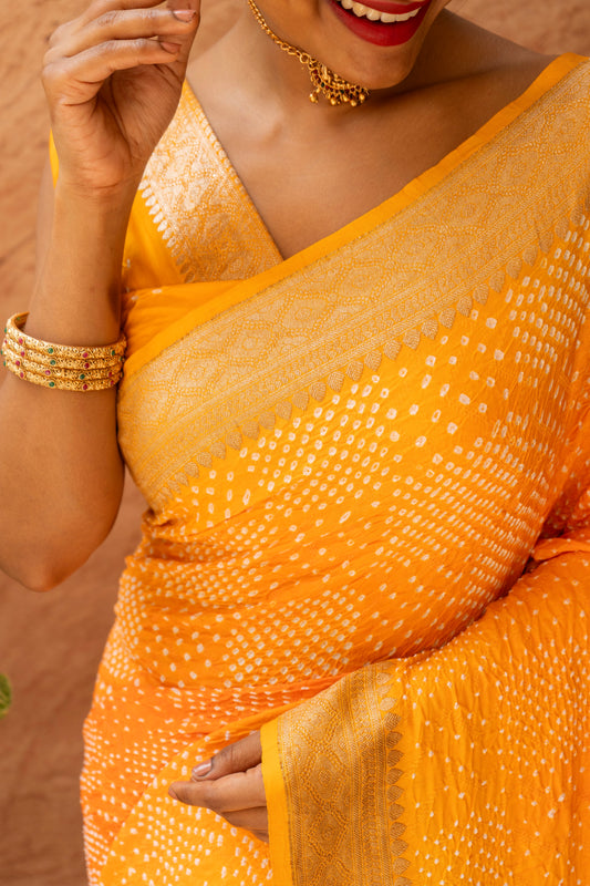 Ombre Yellow-Orange Satin Silk Kadhua Border Bandhej Saree