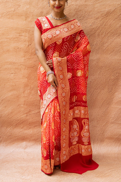 Georgette Sona Rupa Boota Bandhej Red-Orange Saree
