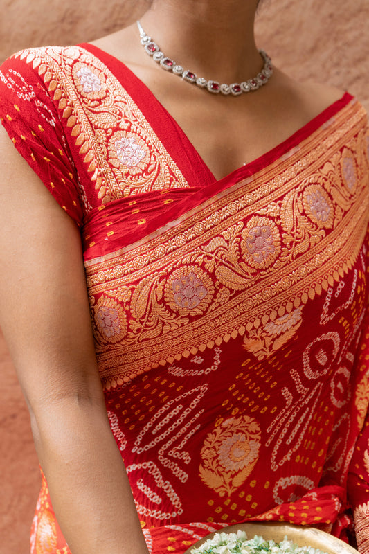 Georgette Sona Rupa Boota Bandhej Red-Orange Saree