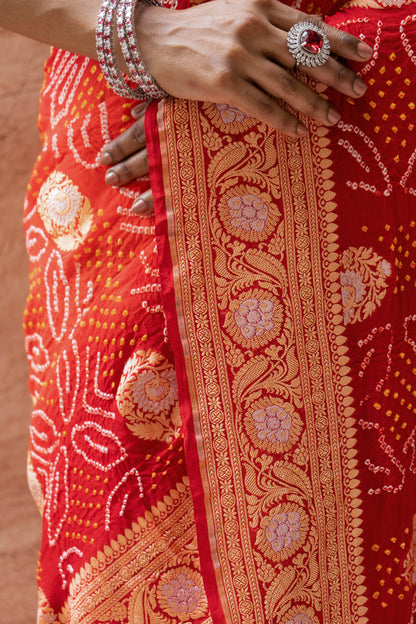 Georgette Sona Rupa Boota Bandhej Red-Orange Saree