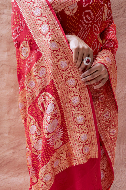 Georgette Sona Rupa Boota Bandhej Red-Orange Saree